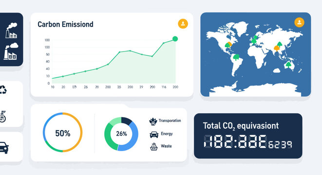 Environmental data dashboard showing carbon emissions and global distribution