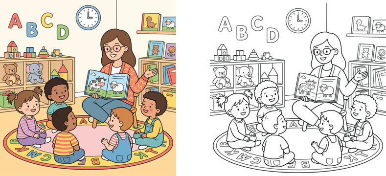 Cartoon teacher reading a book to kids in preschool classroom coloring page and colored vector illustration set. Kindergarten lesson illustration for children activity sheet.