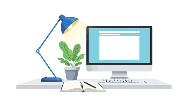 A desk setup with a computer, lamp, plant and notebook for work or study