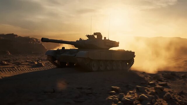 Armored tank crossing a dusty desert at sunset