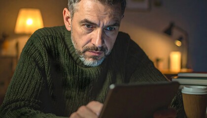 Fototapeta premium Mature man in green sweater intensely focusing on tablet screen at night under warm home light