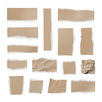 Set of blank beige paper tags with strings for labeling isolated on white background