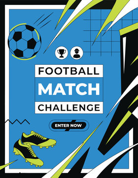 Football match challenge poster with shoes and icons