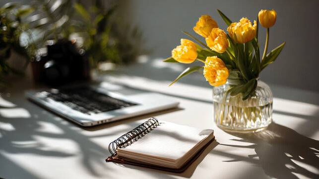 sunlit desk with notebook, laptop, tulips, soft shadows 