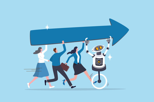 Working with AI leading to success, increase performance with Artificial Intelligence innovation, human work team up with tech AI with new skills, robot with AI help employees carry growth arrow.