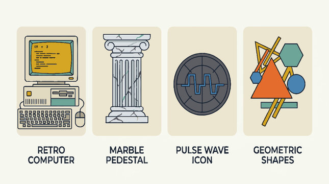 Retro vaporwave style icons set featuring computer marble pedestal pulse wave and geometric shapes.