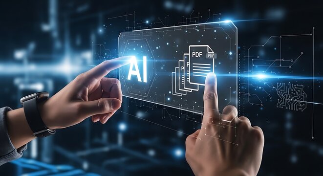 Hands interacting with artificial intelligence software to organize pdf documents on a glowing futuristic digital interface in a server room