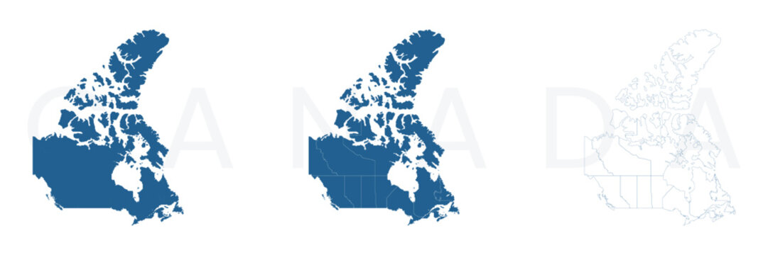 Canada Country Map Silhouette Set Blue Flat Vector Illustration Geographic Bundle Collection