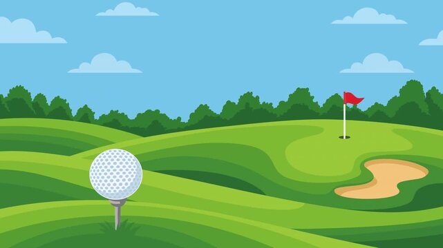 Animated golf course landscape with a parallax scrolling effect. Animated golf fairway with golf ball on a tee, rolling fairway, sand bunker, flag, trees, clouds, and layered parallax motion. 4K Video