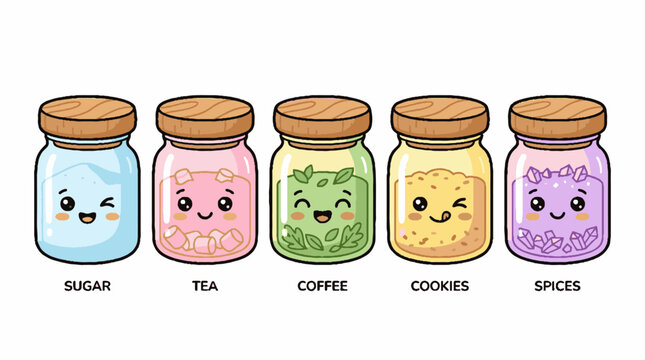 Cute kawaii cartoon kitchen jars set with smiling faces for sugar tea coffee cookies and spices.