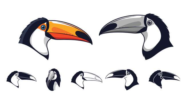 Variety of toucan head illustrations features different artistic styles from colorful realism to simple silhouettes.