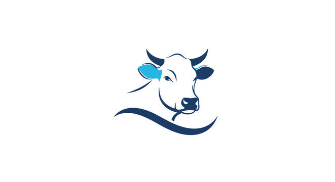 Modern blue line art illustration of a cow head with artistic curves and blue highlights isolated on a clean white background for dairy branding.