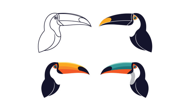 Set of four toucan head illustrations in various styles including line art, flat color, and vibrant gradients on a clean white background for tropical themes.