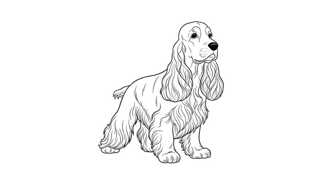 Detailed black and white line art illustration of a cocker spaniel dog standing, showcasing its long ears and wavy fur on a white background.