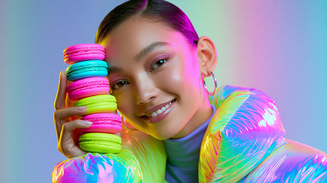 Eine l&auml;chelnde junge Frau h&auml;lt einen Stapel bunter Macarons vor ihr Gesicht vor einem regenbogenfarbenen Hintergrund.