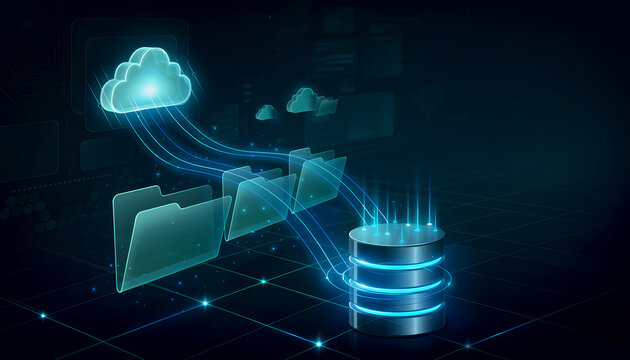 Futuristic 3D data migration concept with glowing folders moving to cloud storage and database server