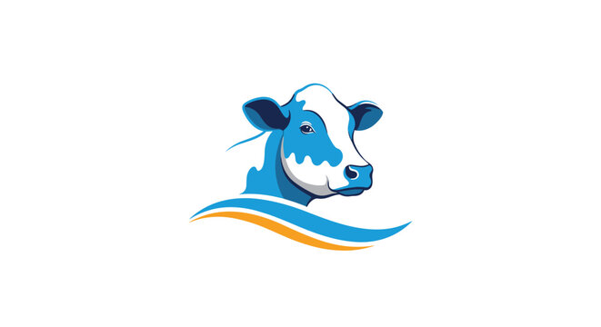 Modern cow head logo combines blue and white cattle imagery with a stylized orange and blue wave element underneath.
