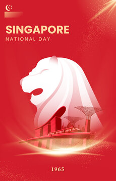 Singapore National Day 2026 Patriotic Poster Design with Iconic Merlion Statue, Anniversary Glow Effect, and National Pride Theme
