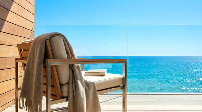 Wooden chair with blanket on balcony overlooking the sea