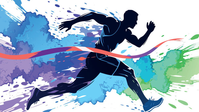 Dynamic runner silhouette crossing finish line, athletic sprinter with colorful watercolor paint splashes, marathon winner vector illustration