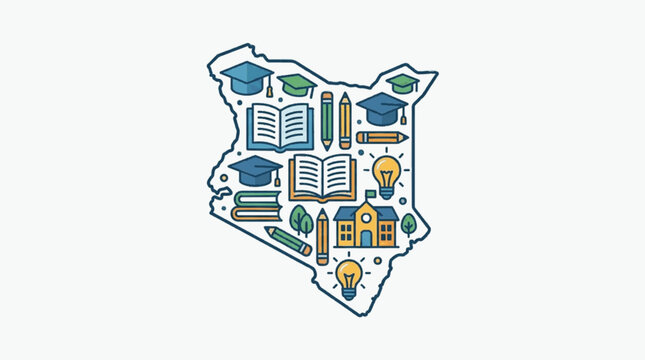 Kenya map filled with educational symbols and icons.