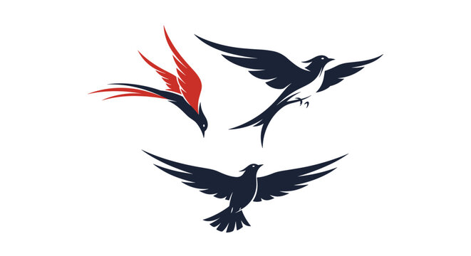 Dynamic trio of stylized swallow birds in flight captured in bold black and red colors with sweeping wings and forked tails.