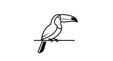 Obraz premium Minimalist black and white line art illustration of a toucan perched on a simple horizontal branch against white.