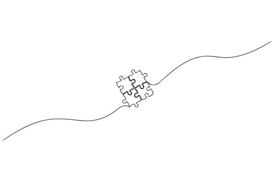 Continuous line drawing of four puzzle pieces combined with continuous minimalist connection strategy solution business interlocking creative abstract together illustration monoline