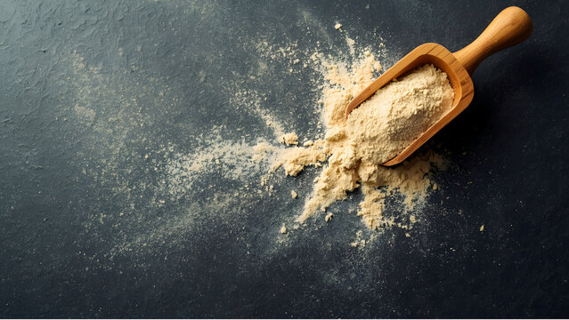 Healthy protein or grain powder spilled from a wooden scoop on a dark textured background