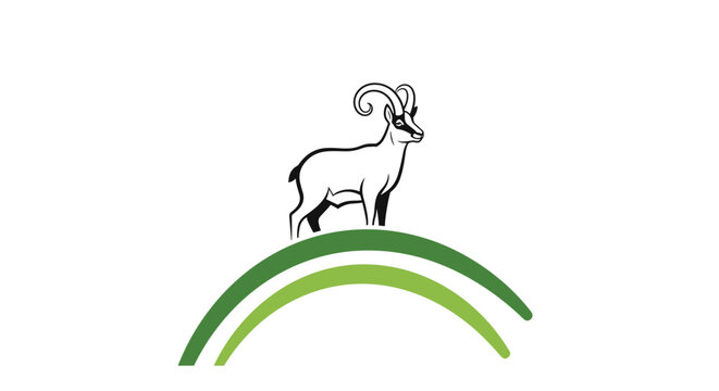 Silhouette-style illustration of an ibex with long curved horns standing on a stylized multi-toned green hill.