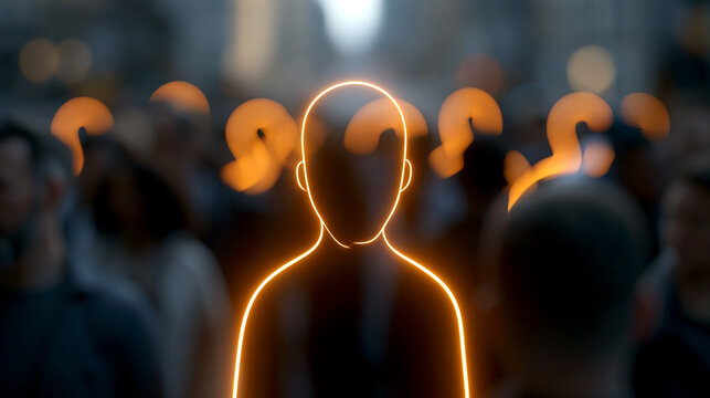 Eine menschliche Silhouette mit leuchtendem orangen K&ouml;rperumriss steht inmitten einer verschwommenen Menschenmenge.