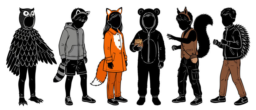 Children woodland animal costumes silhouettes standing in a row on a white background for Halloween, school play, or autumn festival with owl, fox, bear, squirrel, raccoon, and hedgehog.