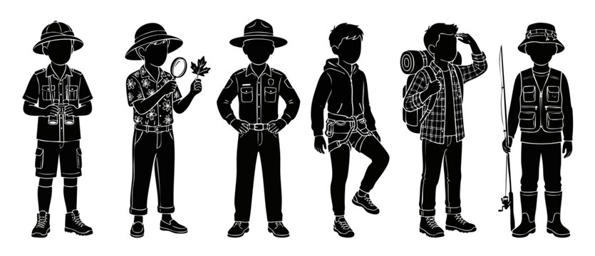 Kids outdoor adventure silhouettes set of boys camping, hiking, scouting, fishing, and rock climbing activities. Black vector characters on white background for nature exploration and recreation.