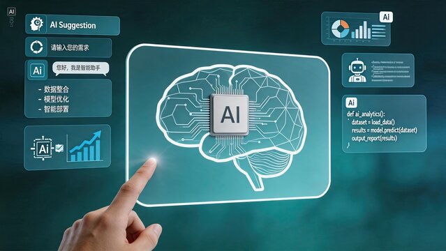 Futuristic AI brain interface with digital chip, artificial intelligence concept, machine learning data processing, neural network visualization, tech innovation, smart automation