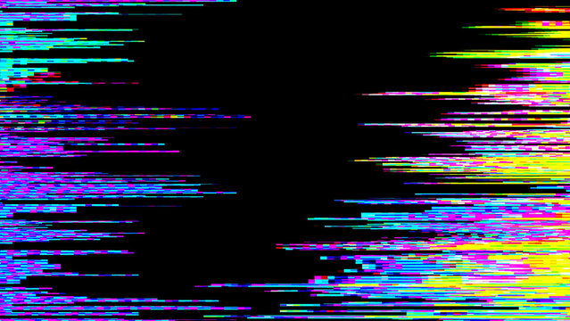 Magenta, cyan pixel sorting glitch overlay with yellow data stretching distortion on black background. Digital glitch texture - vaporwave, retrofuturism aesthetic for rave poster, music video design