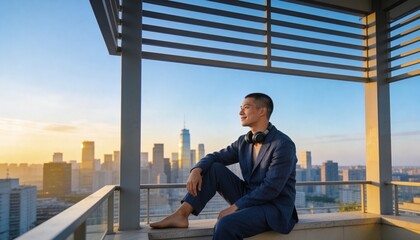 Fototapeta premium Young Asian man in a blue suit sitting on a rooftop at sunset. Professional male graduate looking at the city skyline. Career success and urban lifestyle concept