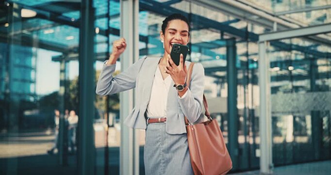 Fist pump, phone and business woman in city for job promotion, contact and portfolio bonus. Career growth, account deal and online news with employee outdoor for celebration, mobile and success