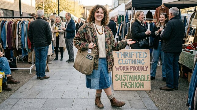 Cheerful woman showcasing thrifted clothing at outdoor sustainable fashion market with vintage items and community garden background.
