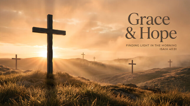 Crosses on hilltop at sunrise with misty landscape and inspirational quote overlay