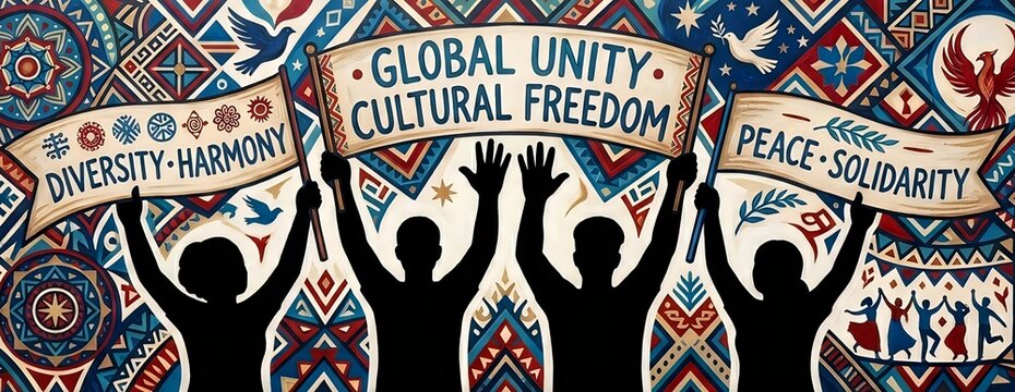 Diverse hands raised together symbolizing unity and cultural freedom in vibrant graffiti style