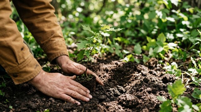 Man planting small oak tree sapling in soil for reforestation project