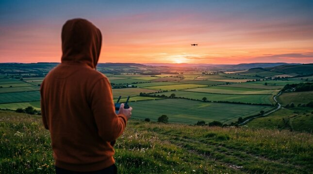 Man holding controller flying a drone over scenic green hills at sunset.
