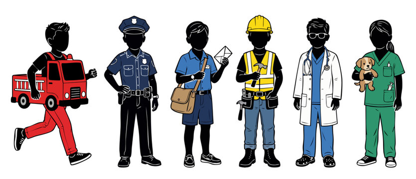 Kids career costumes vector illustration showing children dressed as community helpers like doctor, firefighter, police, construction worker, mail carrier, and veterinarian on a white background.