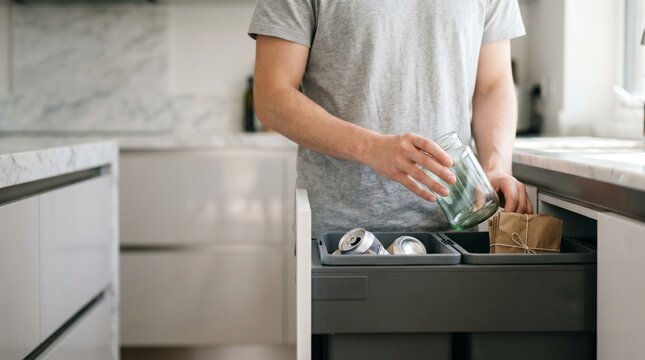 Young man sorting glass jar into recycling bin in modern kitchen.