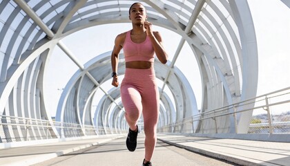 Obraz premium Black woman running on a modern urban bridge. Athletic female jogging in pink sportswear. Healthy lifestyle and urban fitness concept