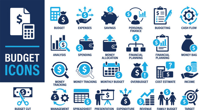 Budget icon set. Containing expense, money management, cash flow, savings, spending, income, allocation, cost estimate and more. Solid vector icons collection.