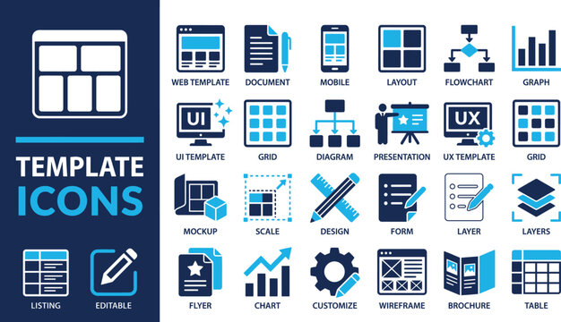 Template icon set. Layout, flowchart, diagram, form, wireframe, table, grid, editable, layers and more. Solid vector icons collection.