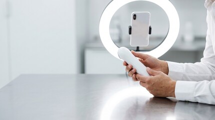 Fototapeta premium Man holding professional beauty device with ring light and smartphone setup.