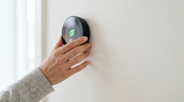 Woman adjusting smart home thermostat in eco energy saving mode on white wall.