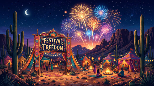 Night festival celebration with fireworks over desert landscape and cacti